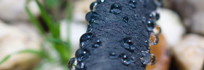 Wassertropfen auf einem Gartenschlauch